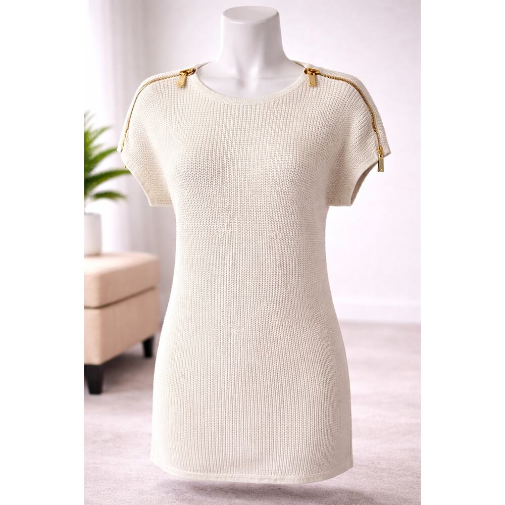 Michael Kors Ivory Knit Sweater Top Gold Zip Shoulders Women L